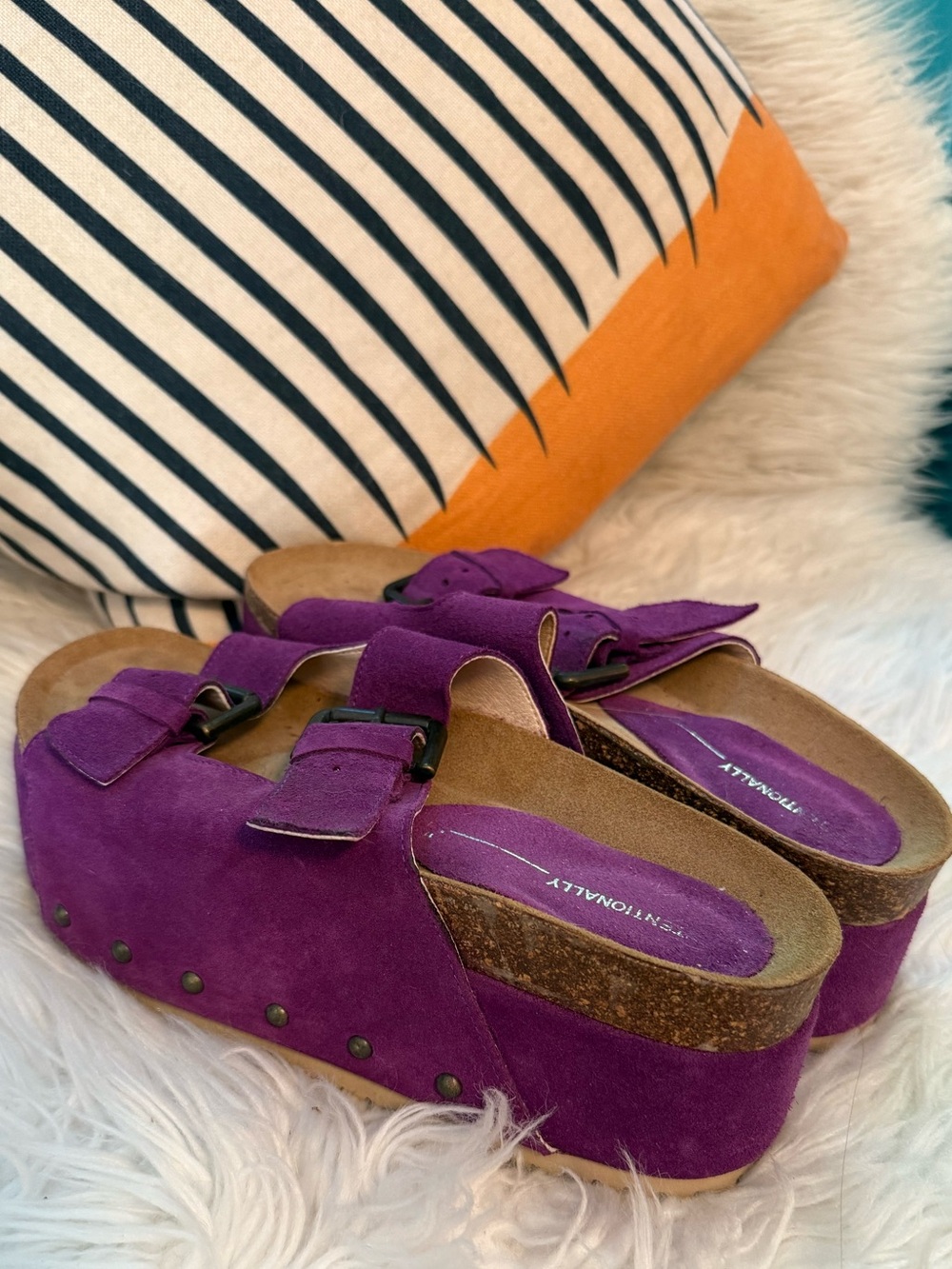 Cooper-2 Purple Suede Platform Slide Sandals with Buckle Straps